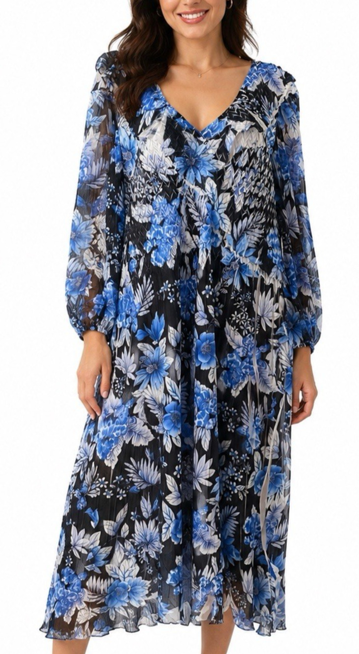 NWOT Komarov Dress Floral Long Sleeve V Neck Blue Ruffled Hi Lo Midi XL